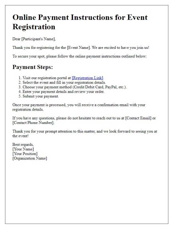 Letter template of online payment instructions for event registrations.