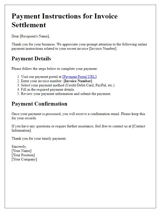 Letter template of online payment instructions for invoice settlements.