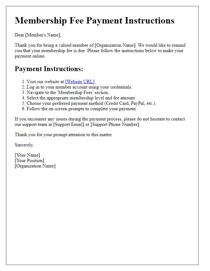 Letter template of online payment instructions for membership fees.