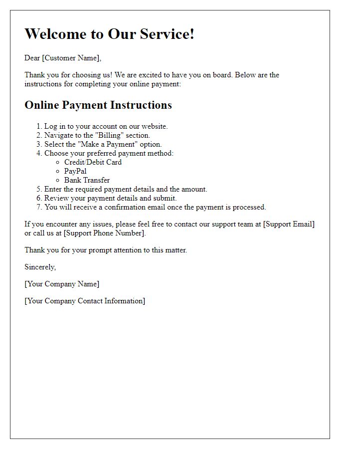 Letter template of online payment instructions for new customers.