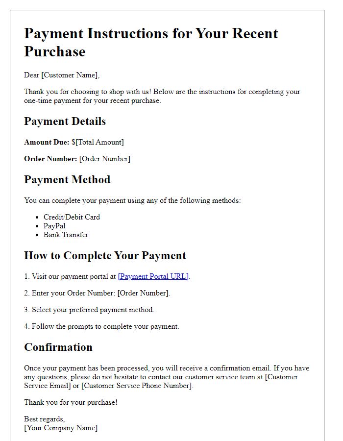 Letter template of online payment instructions for one-time purchases.