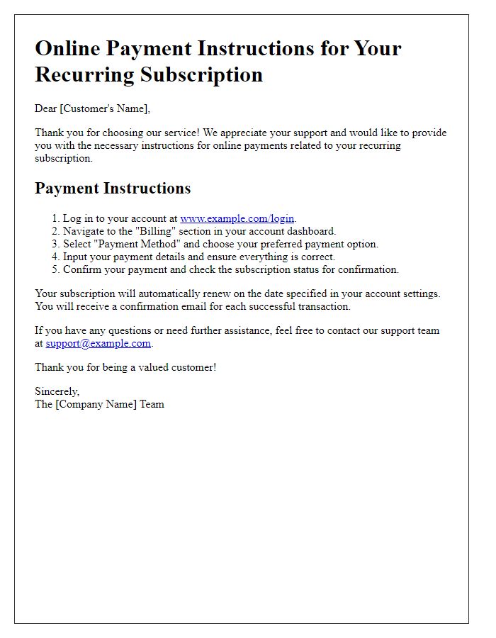 Letter template of online payment instructions for recurring subscriptions.