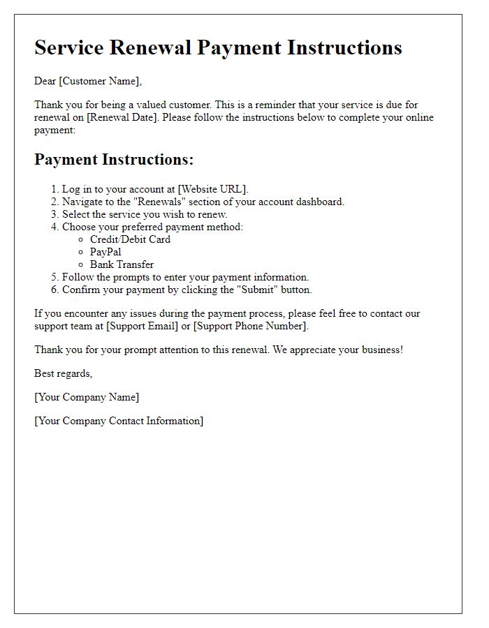 Letter template of online payment instructions for service renewals.