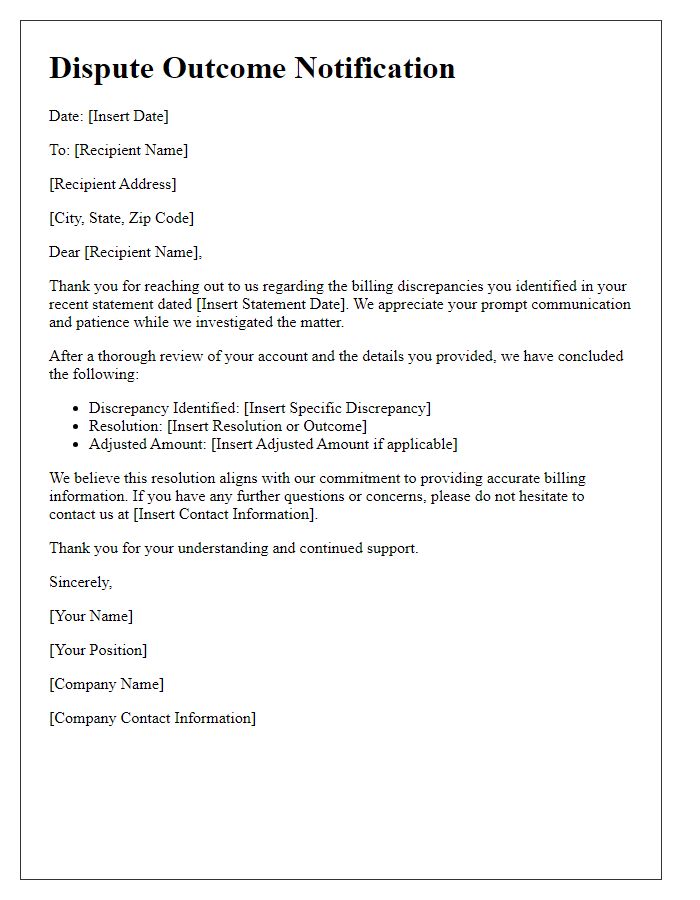 Letter template of dispute outcome notification for billing discrepancies.