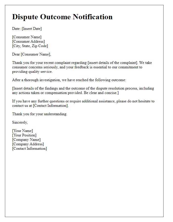 Letter template of dispute outcome notification for consumer complaints.