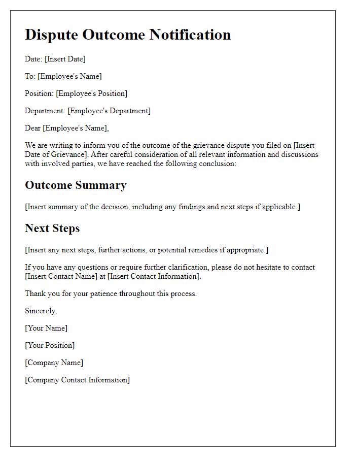 Letter template of dispute outcome notification for employment grievances.