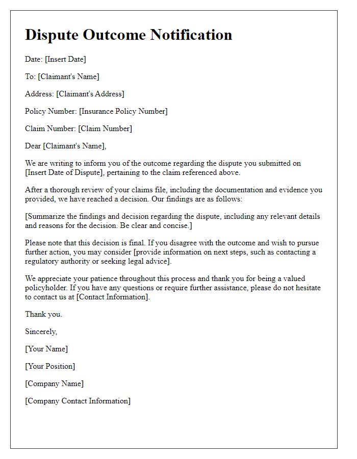 Letter template of dispute outcome notification for insurance claims.