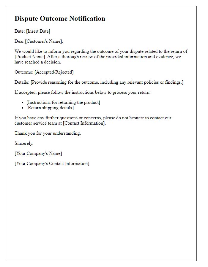 Letter template of dispute outcome notification for product returns.