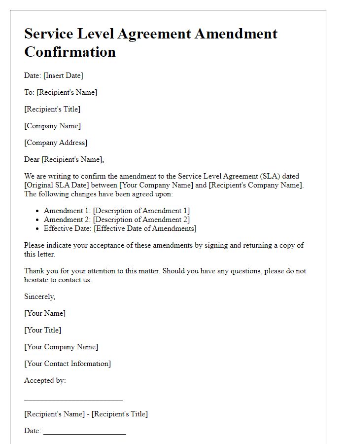 Letter template of Service Level Agreement Amendment Confirmation