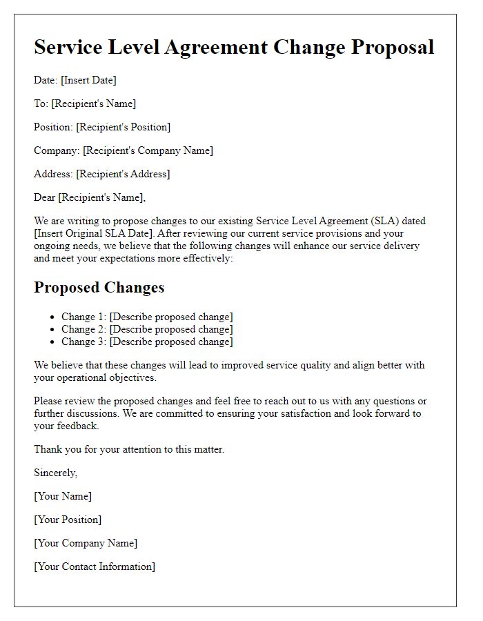 Letter template of Service Level Agreement Change Proposal