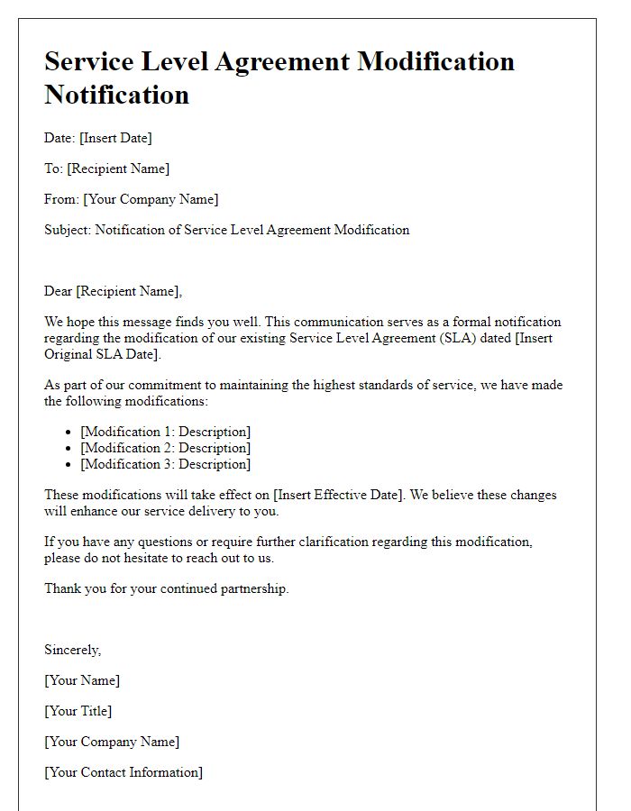 Letter template of Service Level Agreement Modification Notification