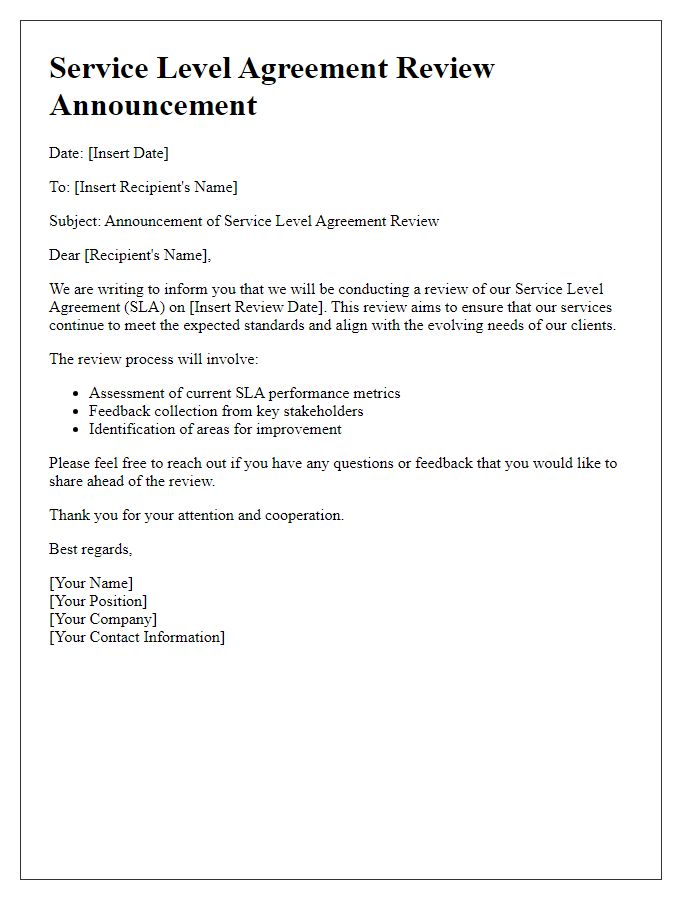 Letter template of Service Level Agreement Review Announcement