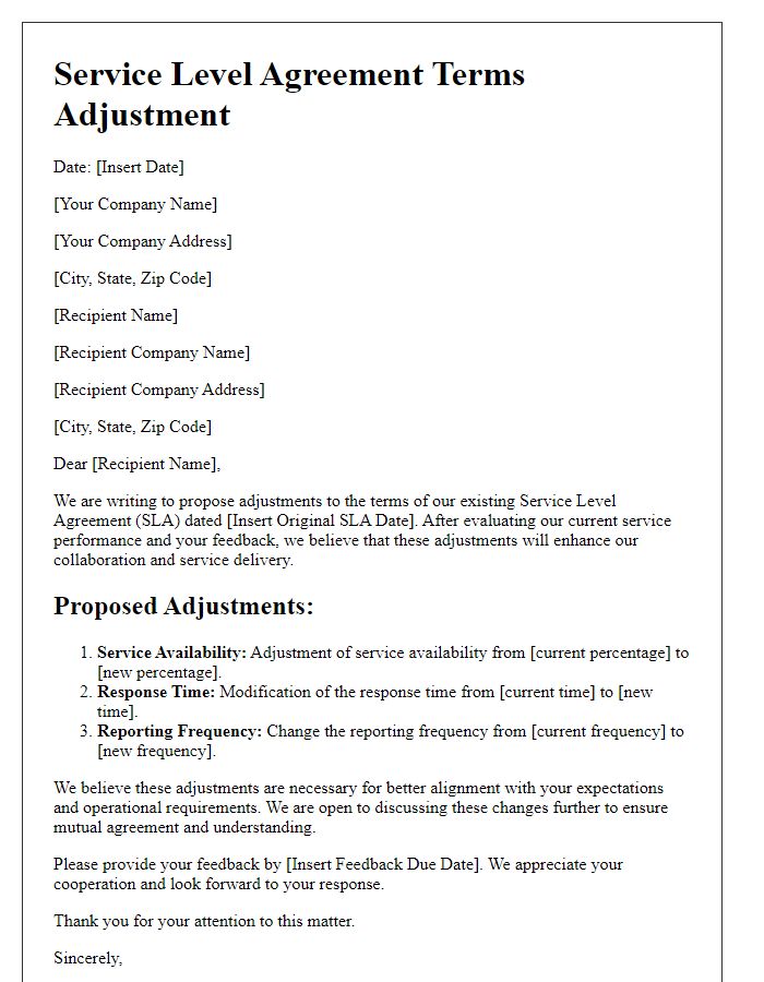 Letter template of Service Level Agreement Terms Adjustment