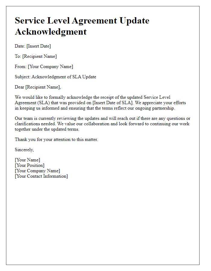 Letter template of Service Level Agreement Update Acknowledgment