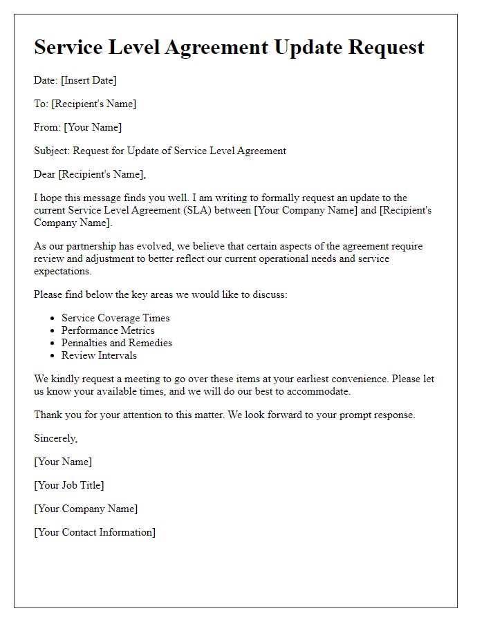 Letter template of Service Level Agreement Update Request