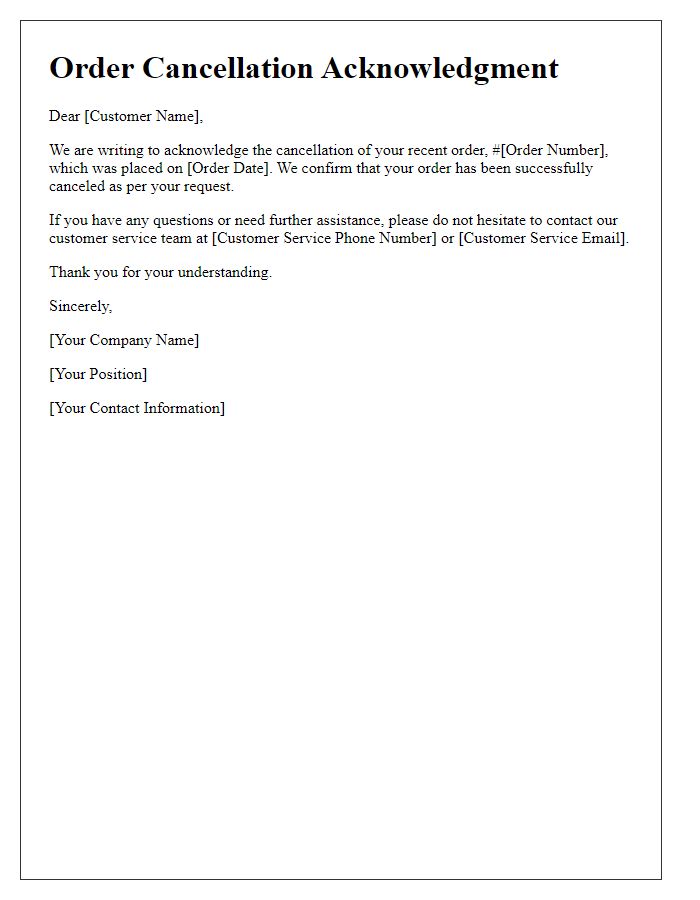 Letter template of acknowledgment of canceled order