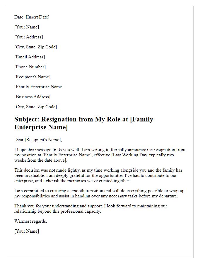 Letter template of resignation to collaborate in family enterprise.