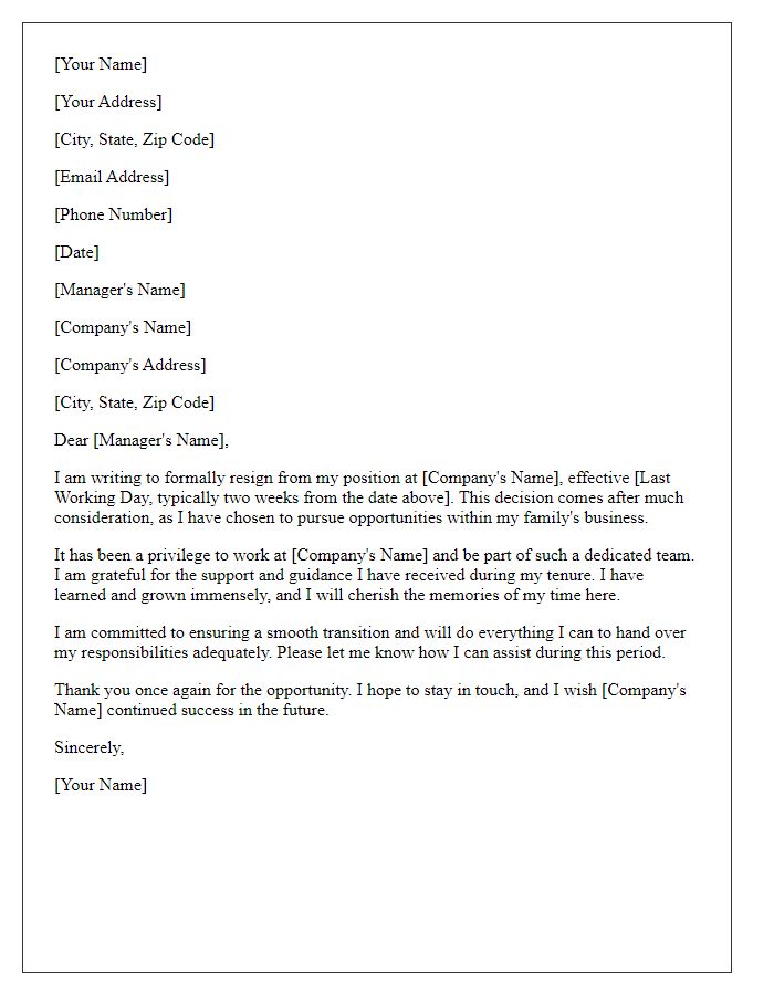 Letter template of resignation to pursue family business opportunities.