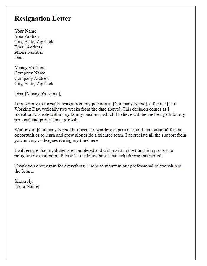 Letter template of resignation for transition to family business role.