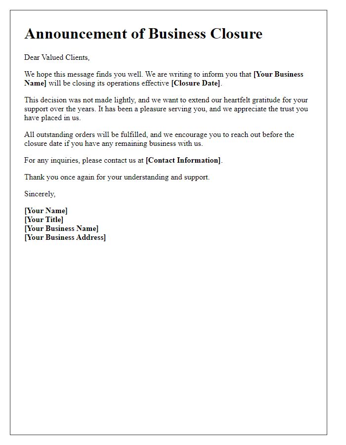 Letter template of business closure announcement to clients