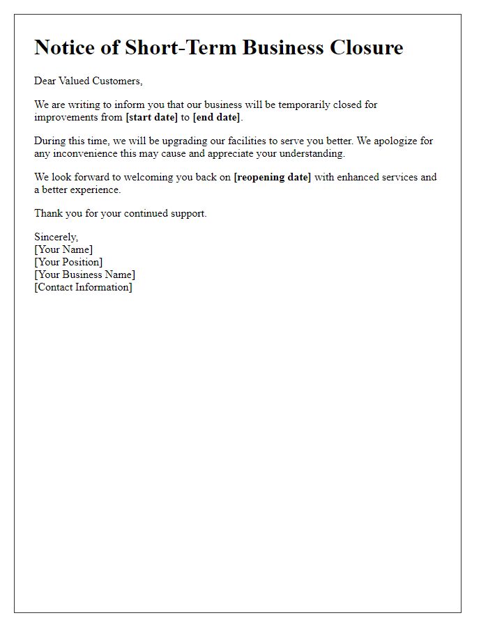 Letter template of short-term business closure for improvements