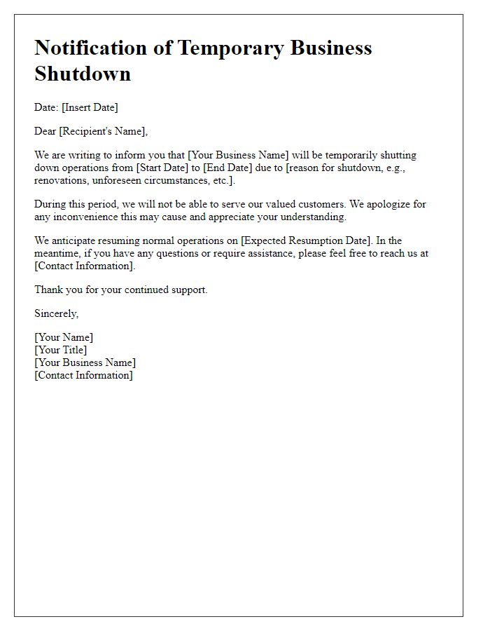 Letter template of temporary business shutdown notification