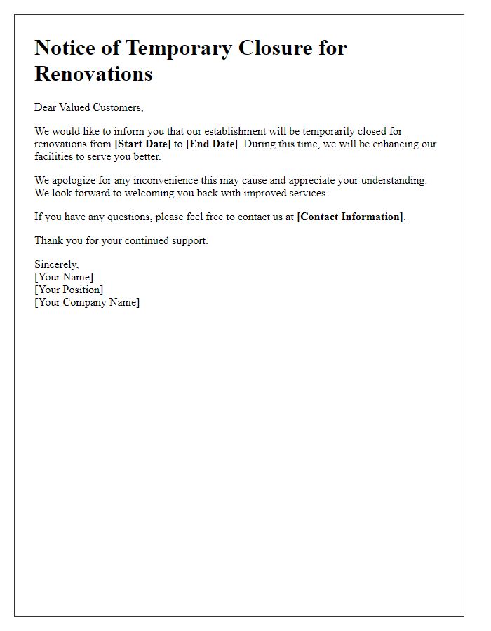 Letter template of temporary closure notice for renovations