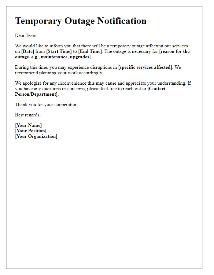 Letter template of temporary outage notification for staff