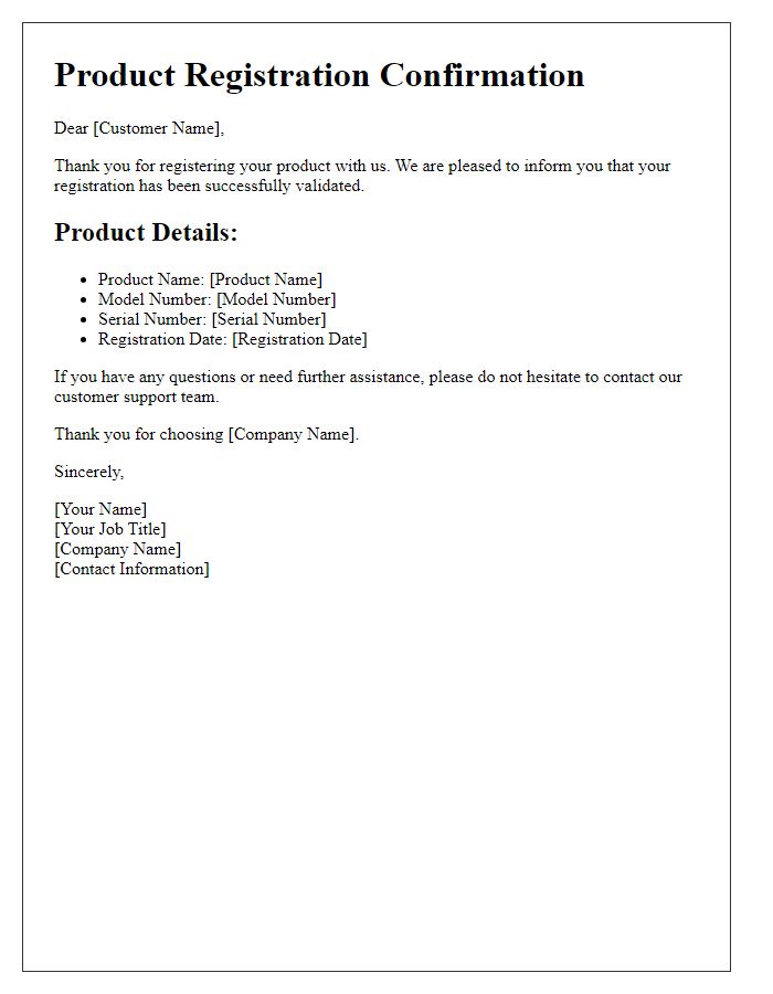 Letter template of Product Registration Validation
