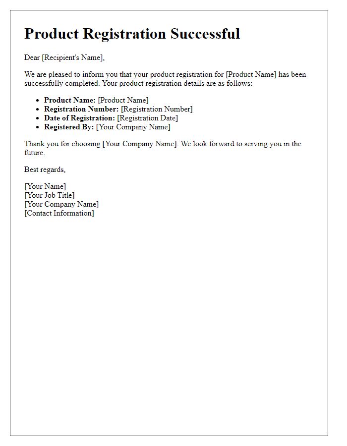 Letter template of Successful Product Registration Notification