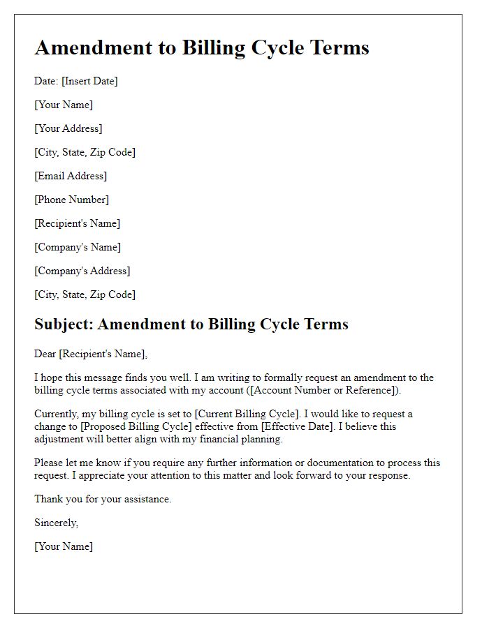 Letter template of amendment to billing cycle terms