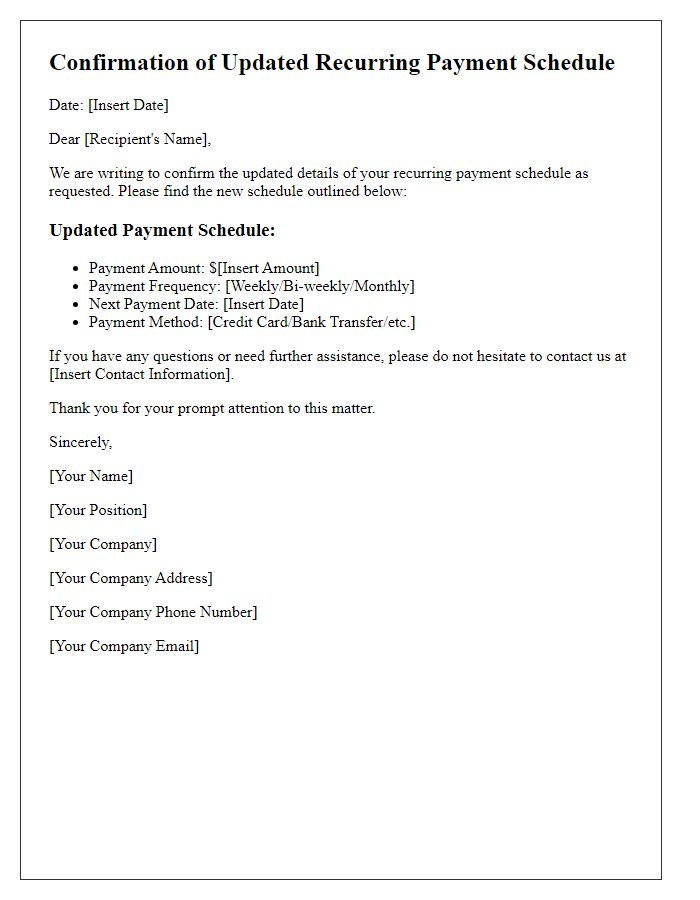 Letter template of confirmation for updated recurring payment schedule