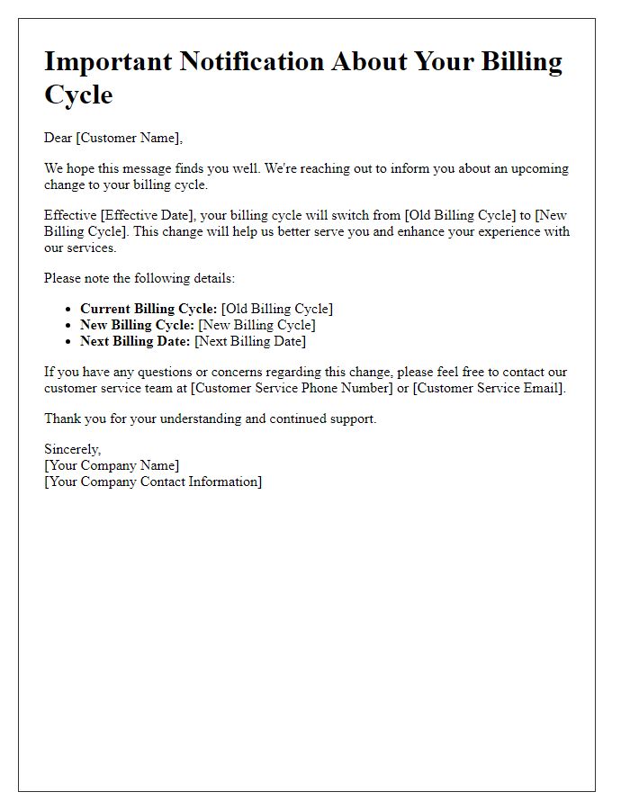 Letter template of customer notification for billing cycle switch