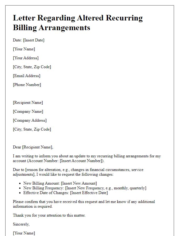 Letter template of details on altered recurring billing arrangements