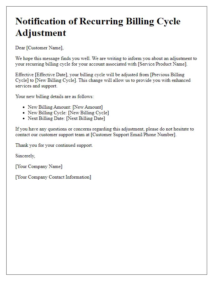 Letter template of notification for recurring billing cycle adjustment