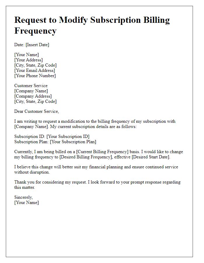 Letter template of request to modify subscription billing frequency