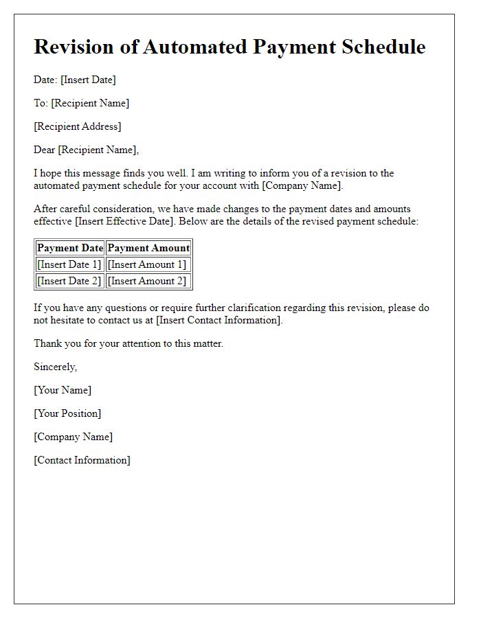 Letter template of revision of automated payment schedule