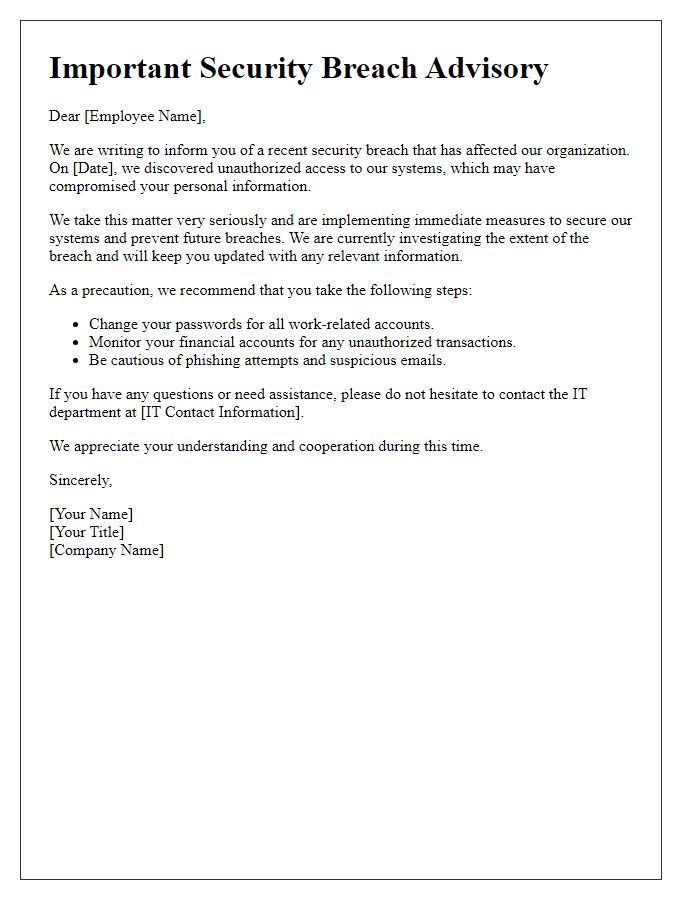 Letter template of security breach advisory for employees.