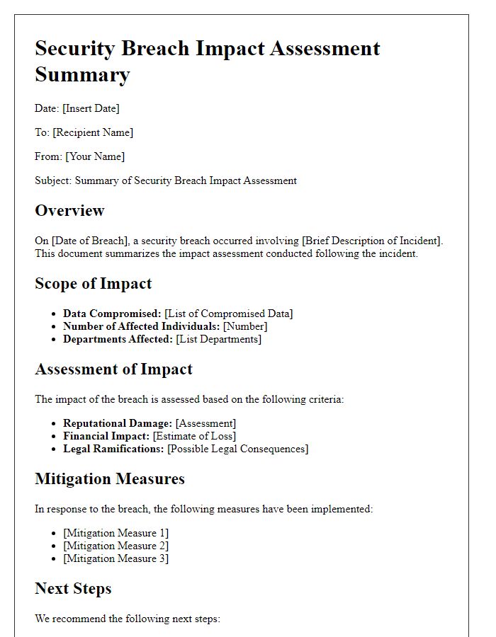 Letter template of security breach impact assessment summary.