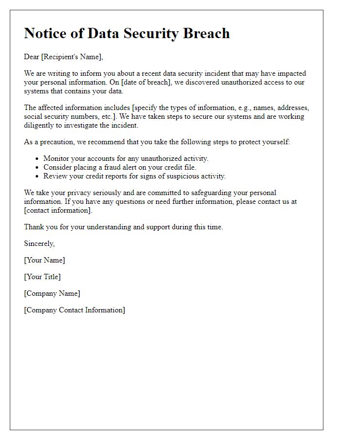 Letter template of security breach notification for affected individuals.