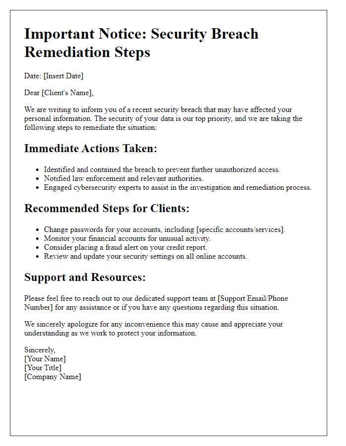 Letter template of security breach remediation steps for clients.