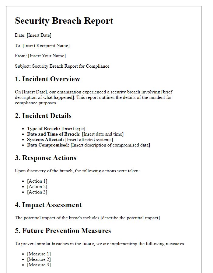 Letter template of security breach report for compliance purposes.