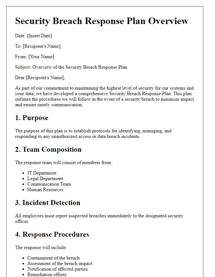 Letter template of security breach response plan overview.