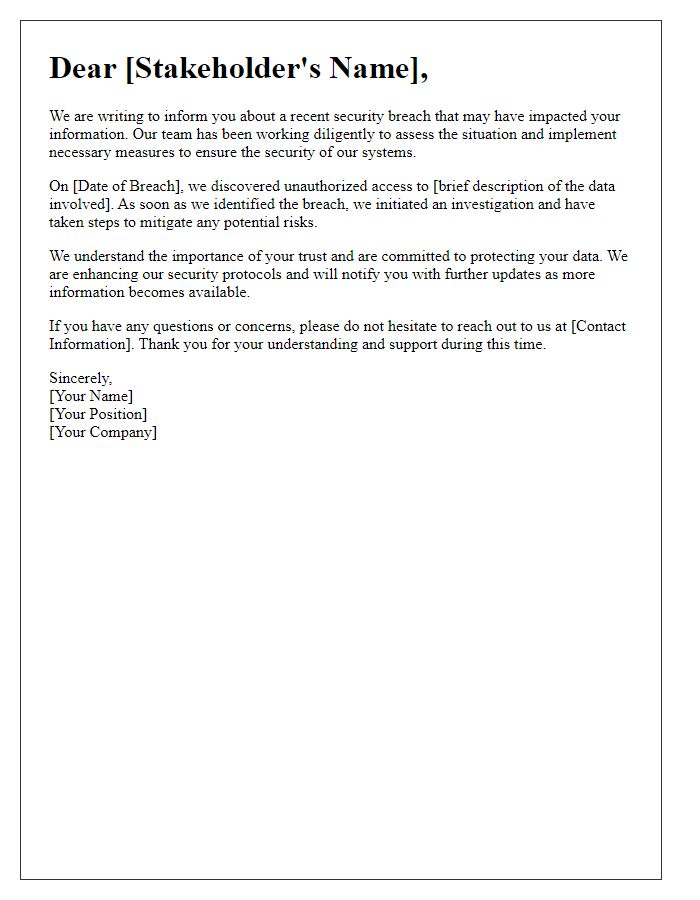 Letter template of security breach update for stakeholders.