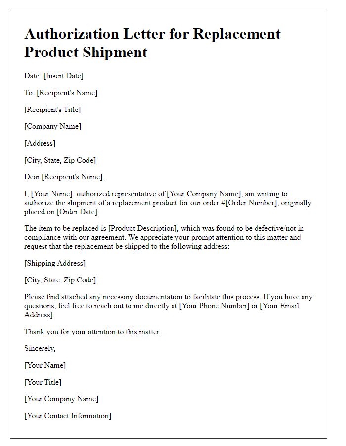 Letter template of authorization for replacement product shipment