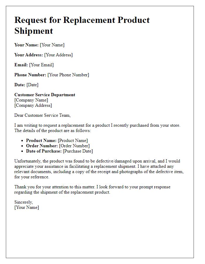 Letter template of request for replacement product shipment