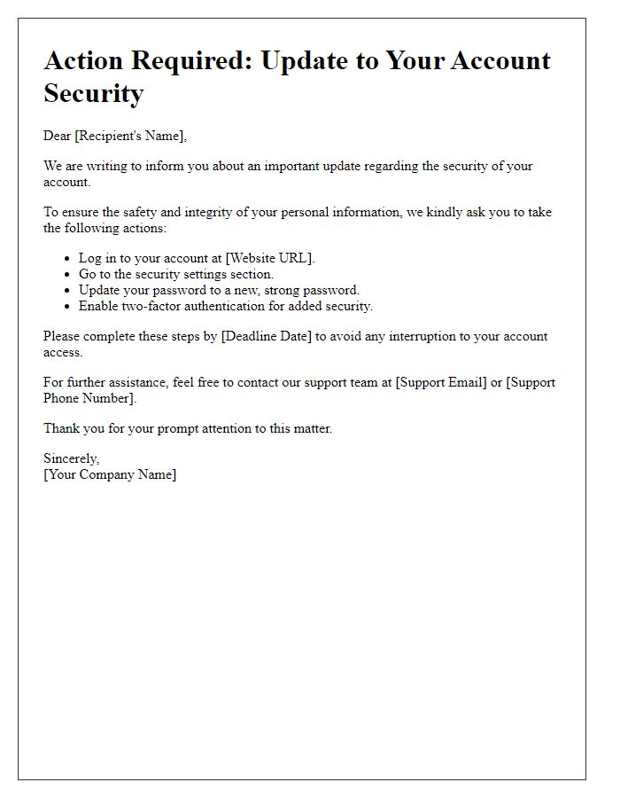 Letter template of Action Required: Update to Your Account Security