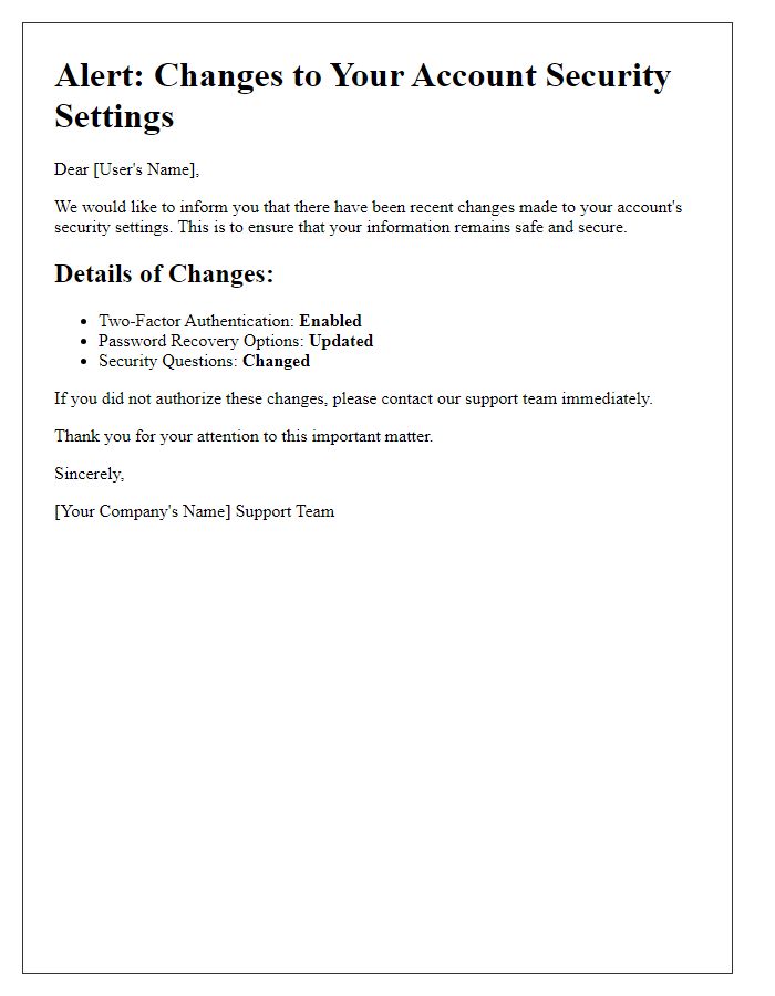 Letter template of Alert: Changes to Your Account Security Settings
