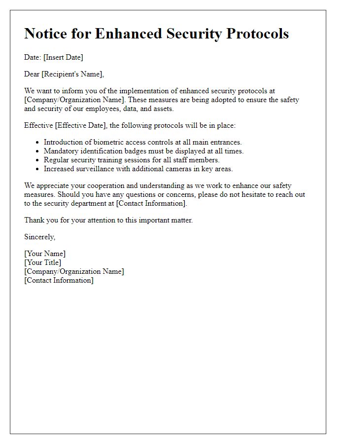 Letter template of Notice for Enhanced Security Protocols