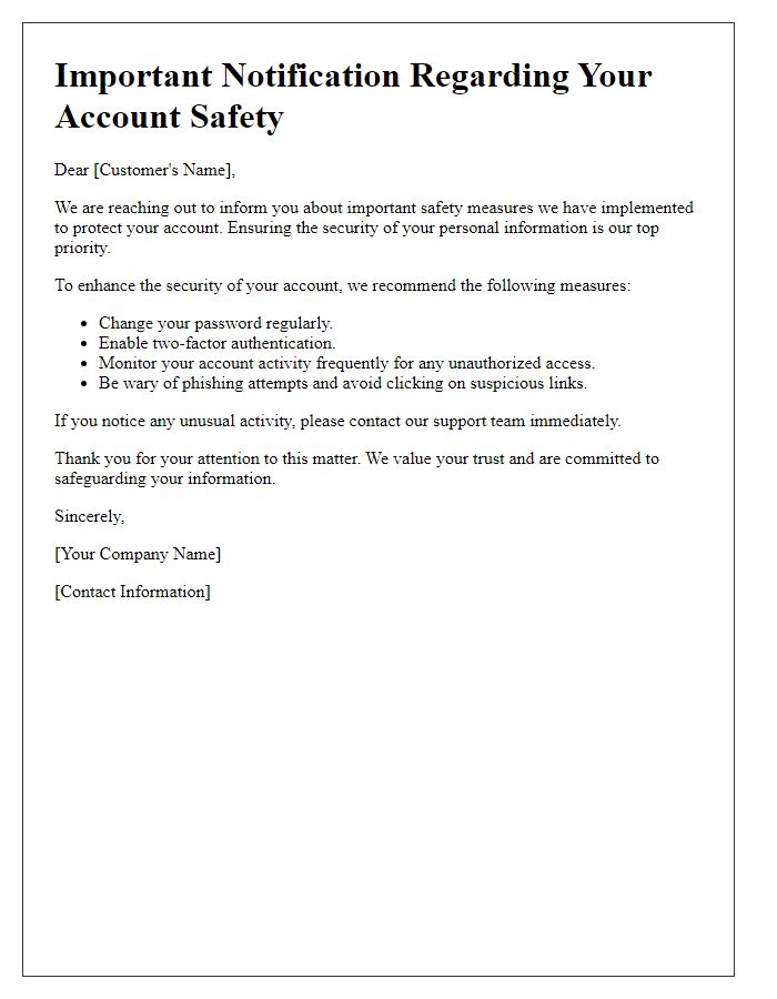 Letter template of Notification for Account Safety Measures